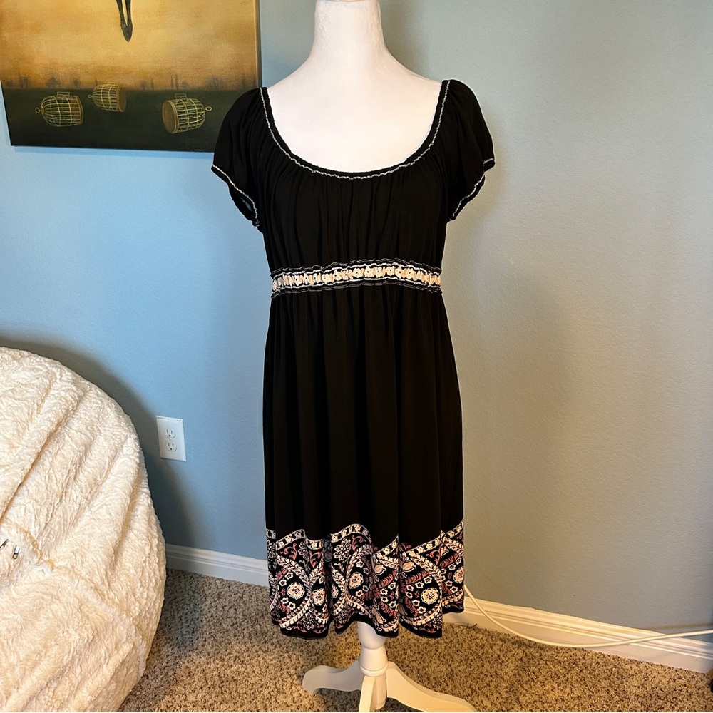 Max Edition Black Babydoll Midi Dress with Cream and Pink Flowers Large Petite